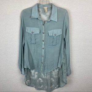 Gimmicks by BKE Teal Floral Sheer Mesh Button Down Blouse Sz S • Tunic • EUC
